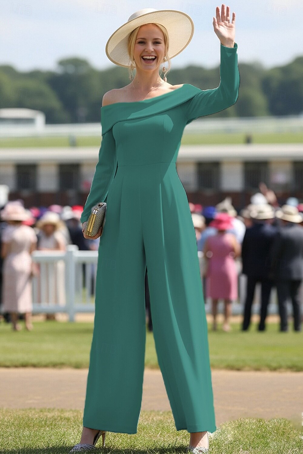 Mono Hasta el Suelo Vestido Derby Vestido de Madrina Manga Larga Hombros Caídos Elegante El derby de Kentucky con Un Color 2026 - $149.99 –P1