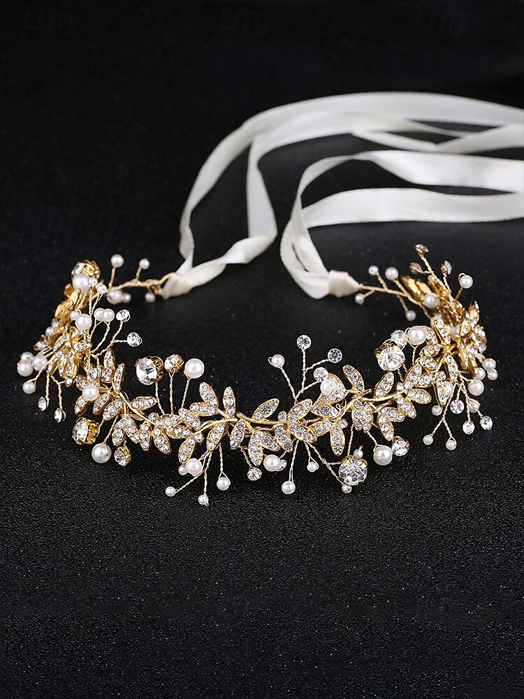 Brauthaarschmuck, gold-weißer Haarreif aus Polyester mit Strass- und Perlenverzierungen, elegante Brauthaaraccessoires 2026 - $11.99 –P9
