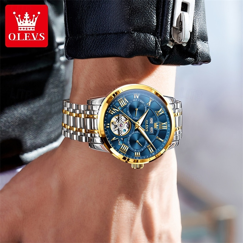 Новые мужские деловые часы Olevs с люминесцентным дисплеем, вечным календарем, календарем и отображением недели. Полностью механические часы с полым ротором для повседневного использования, 2026 - $97.99 –P19