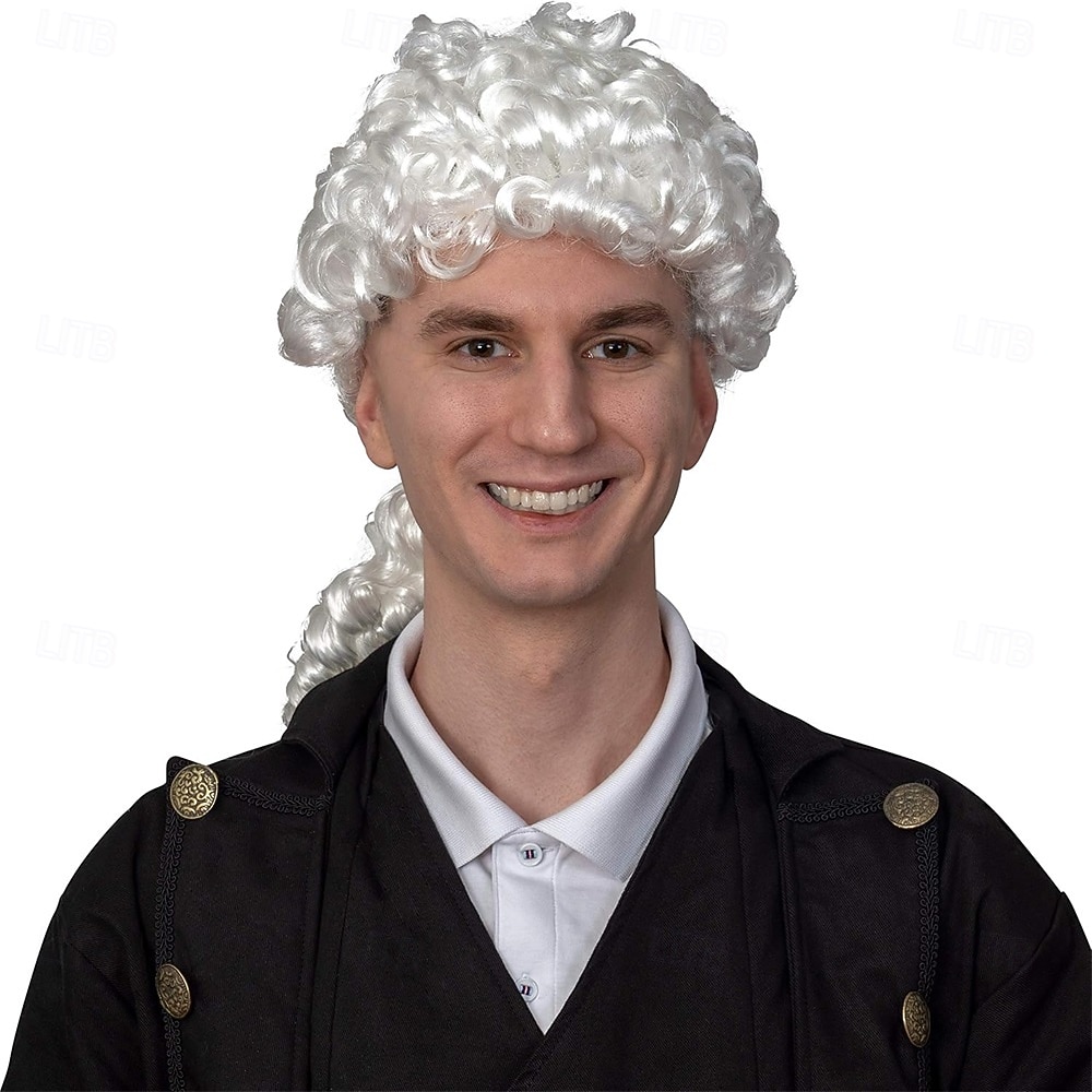 Witte pruik - historische koloniale gepoederde pruik met paardenstaart, kostuumaccessoire voor volwassenen en kinderen. 2026 - $23.99 –P2