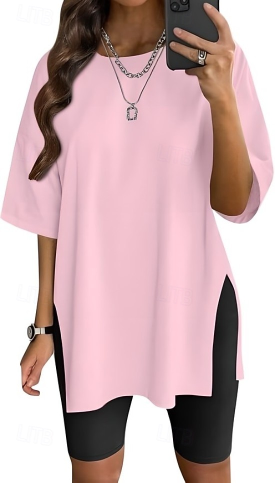 Dames T-shirt Zijsplit Effen Kleur Grafisch Modieus Klassiek Casual Korte mouw Strakke ronde hals Ronde hals Lange tops Dagelijks Uitgaan blauw Zwart Wit Lichtgroen Blozend Roze Zomer Lente 2026 - $21.99 –P2