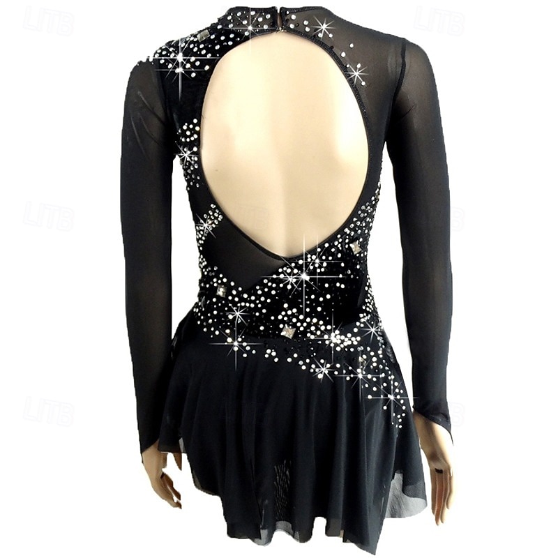 Figure Skating Dress Women's Girls' Ice Skating Dress Outfits Black Open Back Asymmetric Hem Spandex Mesh High Elasticity Competition Skating Wear Sequin Long Sleeve Figure Skating 2026 - $140.99 –P2