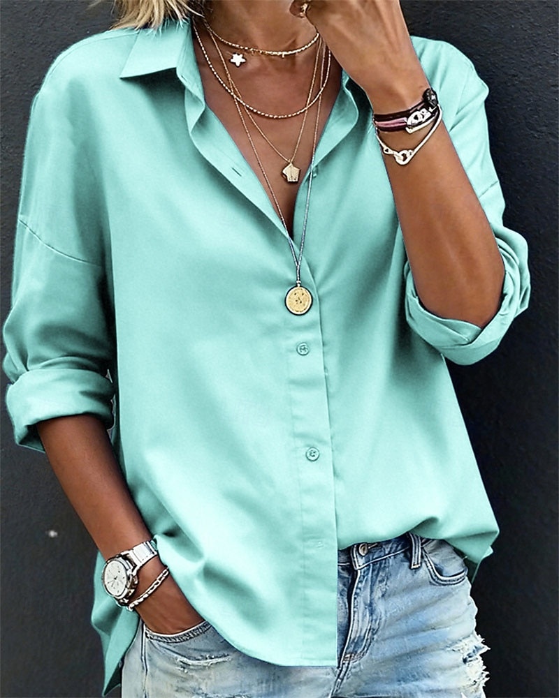 Damen Bluse Elegante Oberteile Gerafft Patchwork Knöpfe Einfarbig Einfach Elegant Vintage Damen Langarm Hemdkragen Normale Oberteile Täglich Arbeit Ferien Blau Hellgrün Grün Rosa Grau Herbst Winter 2026 - $21.99 –P1