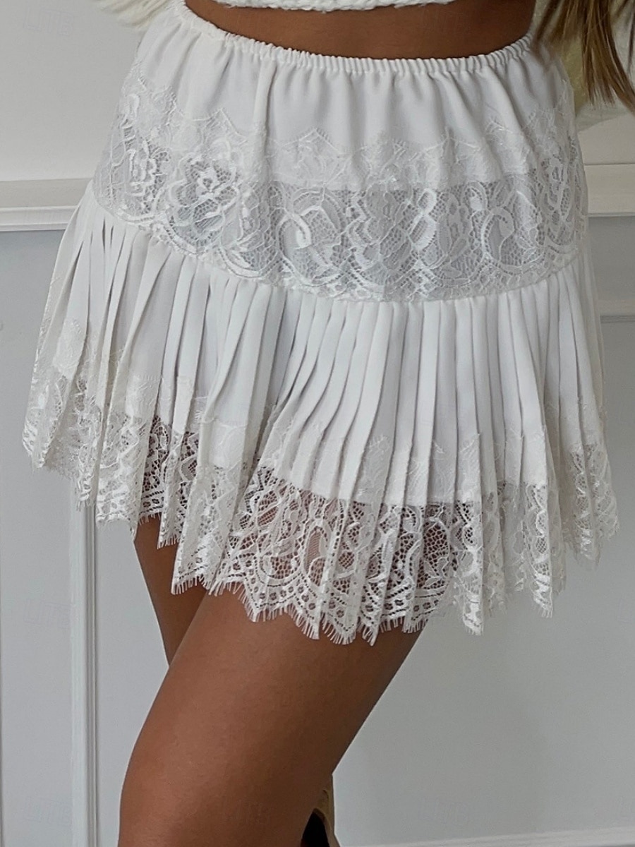 Damskie Spódnica koronkowa Zabytkowe Moda Codzienny Mini Wysoka talia Spódnice Z marszczeniami Koronka Pofałdowany Średnio elastyczny Codzienny Kij Czarny Biały Lato 2026 - $27.99 –P1