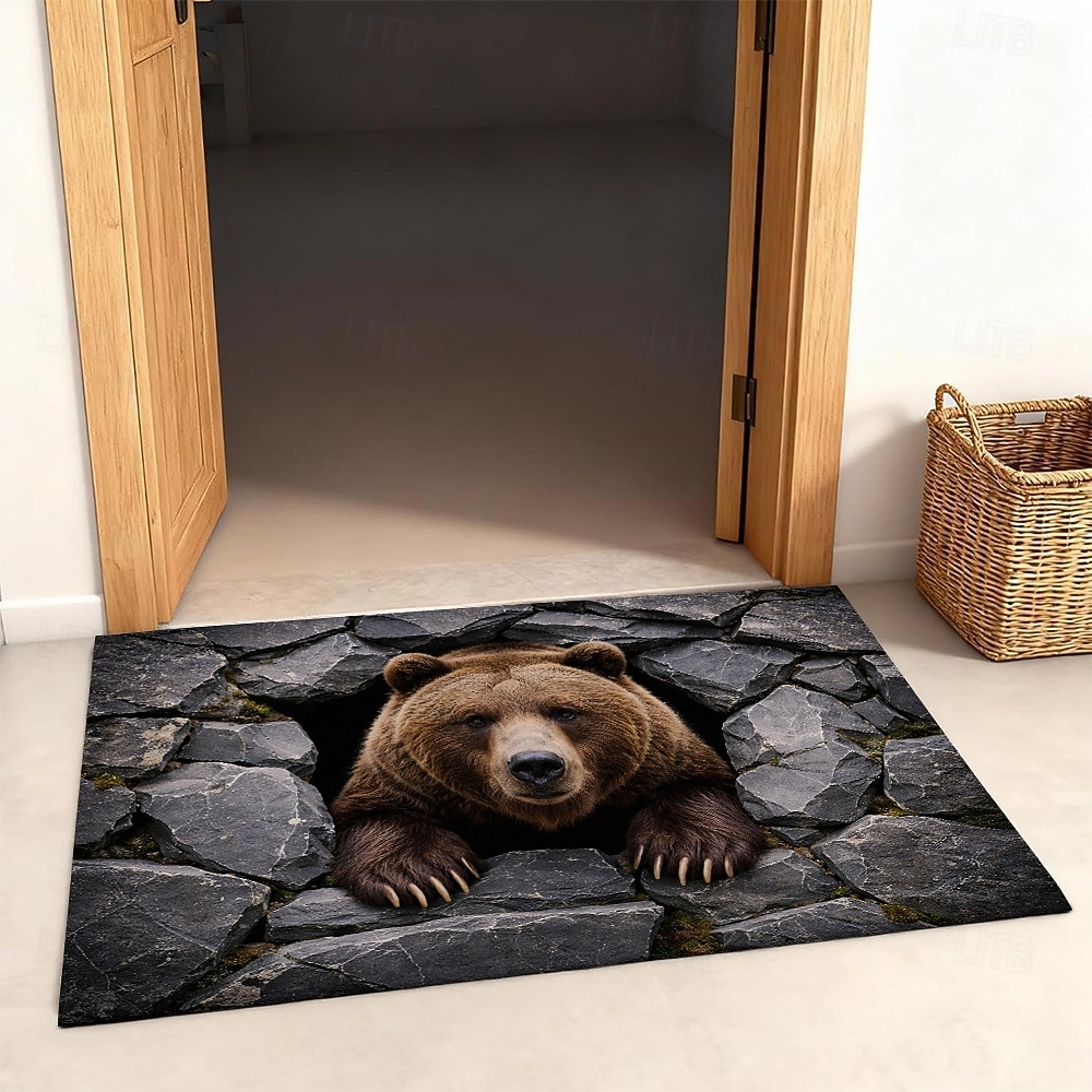 3D optische illusie deurmat, 2D platte print, 3D berenhol illusie vloerkleden, realistische grizzlybeer muur brekende mat, entree badkamermat 2026 - $18.99 –P1