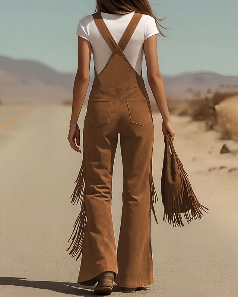 Жен. Брюки карго Широкие Биб Колготки Комбинезон Мода Уличный стиль На каждый день Полная длина Завышенная Полотняное плетение С кисточками Карман удобный Неэластичная 2026 - $61.99 –P13