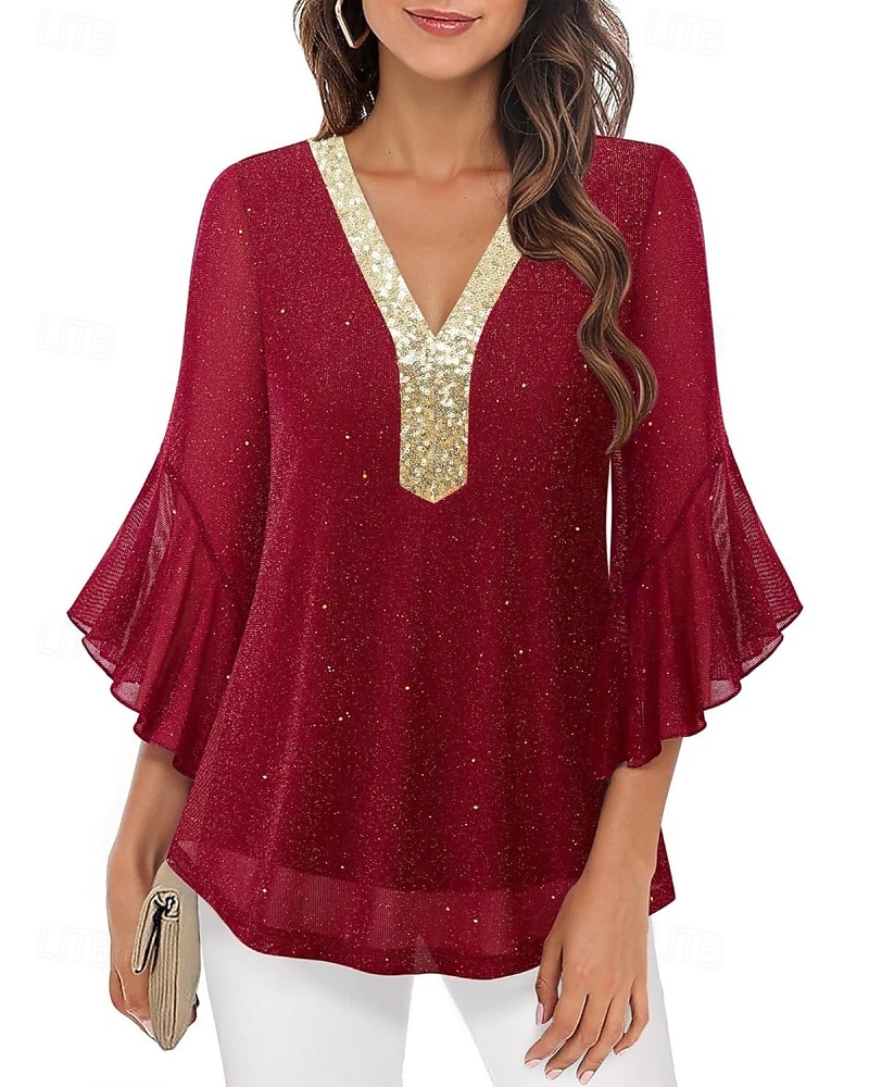 Mulheres Blusa Tops de lantejoulas Patchwork Bloco de cor à moda Moderno Manga 3/4 Sino Decote V Tops regulares Diário Feriado Para Noite Azul Preto Vermelho Verde Verão Primavera de 2026 por $31.99 –P4