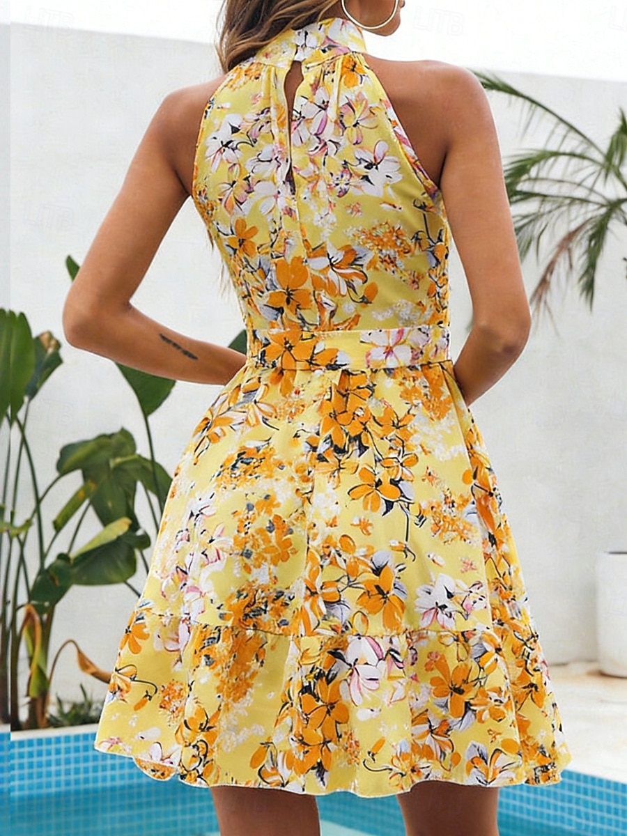 Dam Mini klänning A linjeklänning Blommig klänning Halter Neck Klänning Elegant Mode Modern Utomhus Semester Utekväll Normal Blommig Ärmlös Halterneck Blå Gul Rodnande Rosa Sommar Vår 2026 - $21.99 –P8