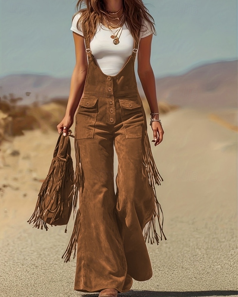 Жен. Брюки карго Широкие Биб Колготки Комбинезон Мода Уличный стиль На каждый день Полная длина Завышенная Полотняное плетение С кисточками Карман удобный Неэластичная 2026 - $61.99 –P11