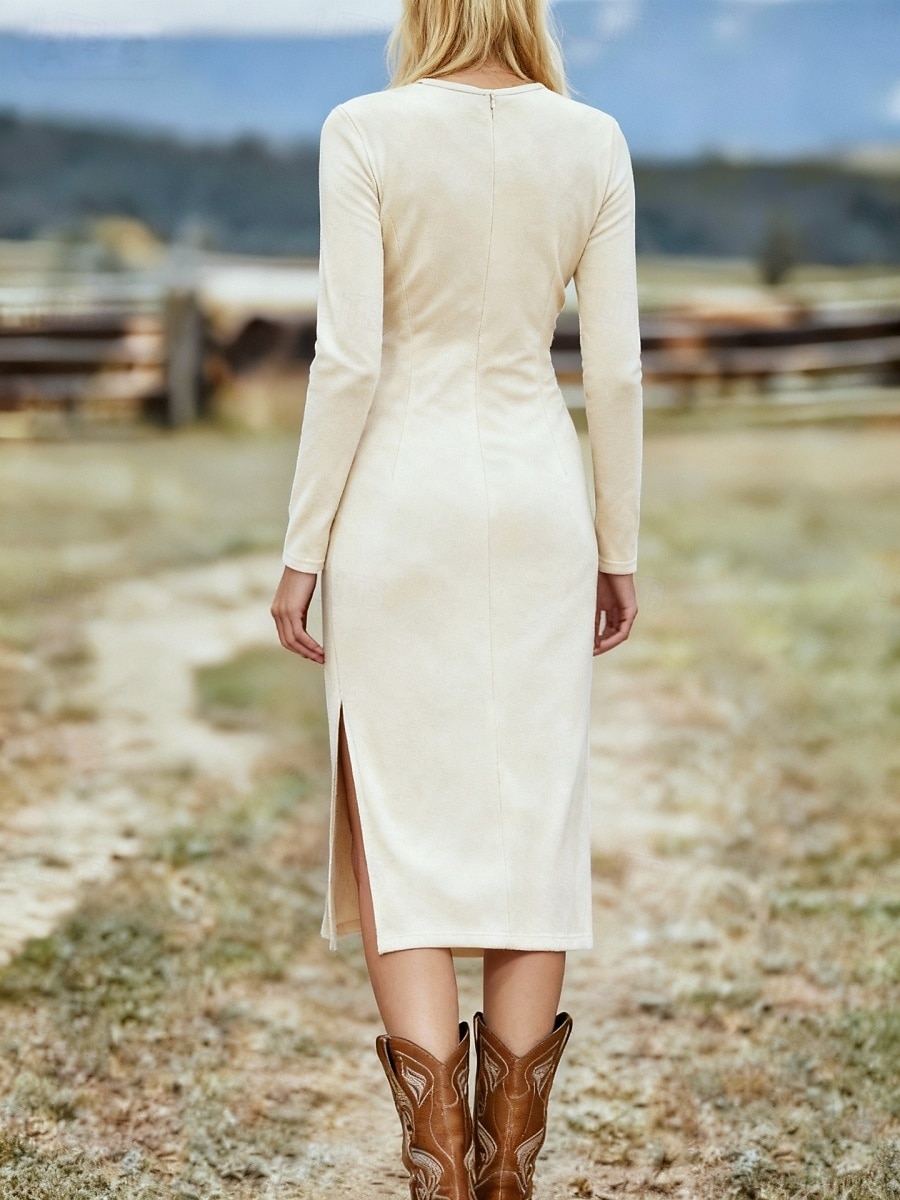 Damen Midikleid Langes Kleid Maxikleid Vintage-Kleid Kleid aus Wildlederimitat Vintage Mode Täglich Outdoor Urlaub Normale Passform Einfach Langarm Rundhalsausschnitt Schwarz Braun Aprikose Sommer 2026 - $34.99 –P6