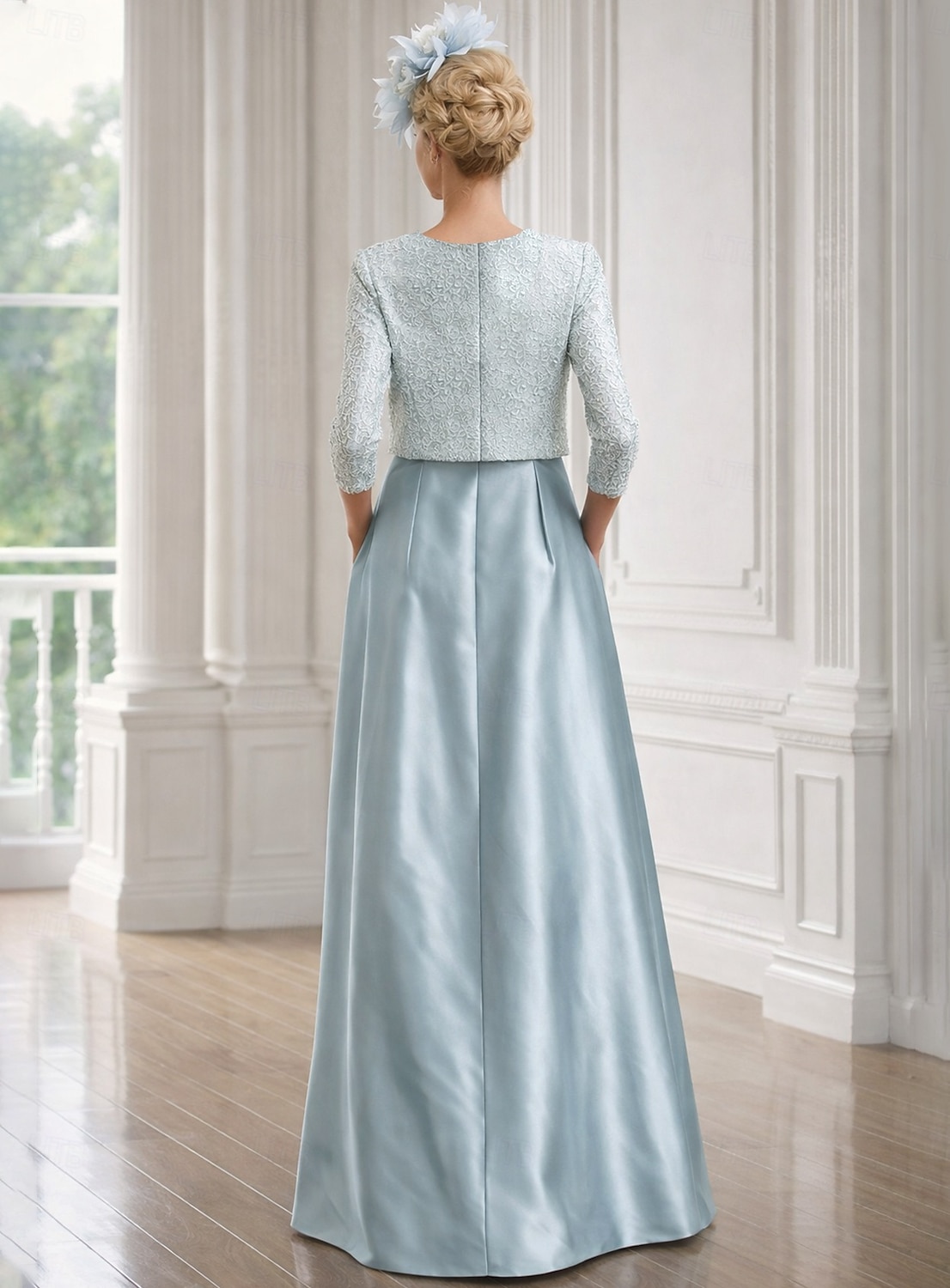 Dos Piezas Corte A Hasta el Suelo Vestido Invitada Boda Vestido de Madrina Manga 3/4 Escote en Pico Elegante Brillos Y Estrellas Formal Fiesta de Boda Satén Lentejuelas Bolero incluido con Lazo(s) 2026 - $160.99 –P3