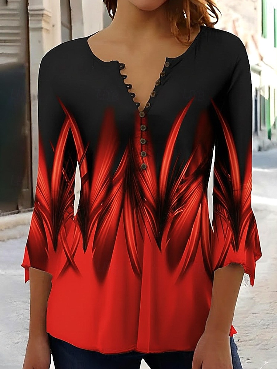 T-Shirt Donna Ombre Grafica Astratta Elegante Vintage Stile Manica 3/4 Collo a V Top Lunghi Giornalieri Uscita Bottoni Blu Rosso Arancione Verde Estate Primavera Autunno del 2026 a $26.99 –P4
