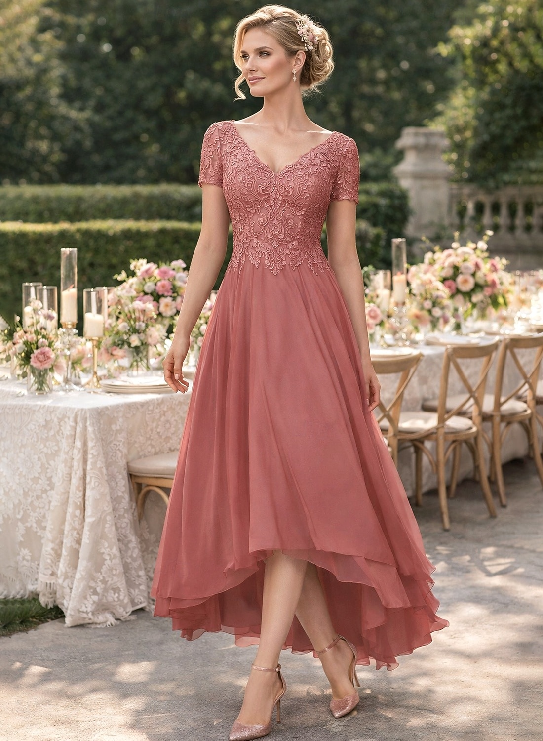 A-linje Asymmetrisk Festkjole Cocktail Kjole Gjestekjole til bryllup Kjole til brudens mor Kortermet V-hals Elegant Formell Bryllupsgjest Formell kveld Chiffon med Ensfarget 2026 - $160.99 –P1