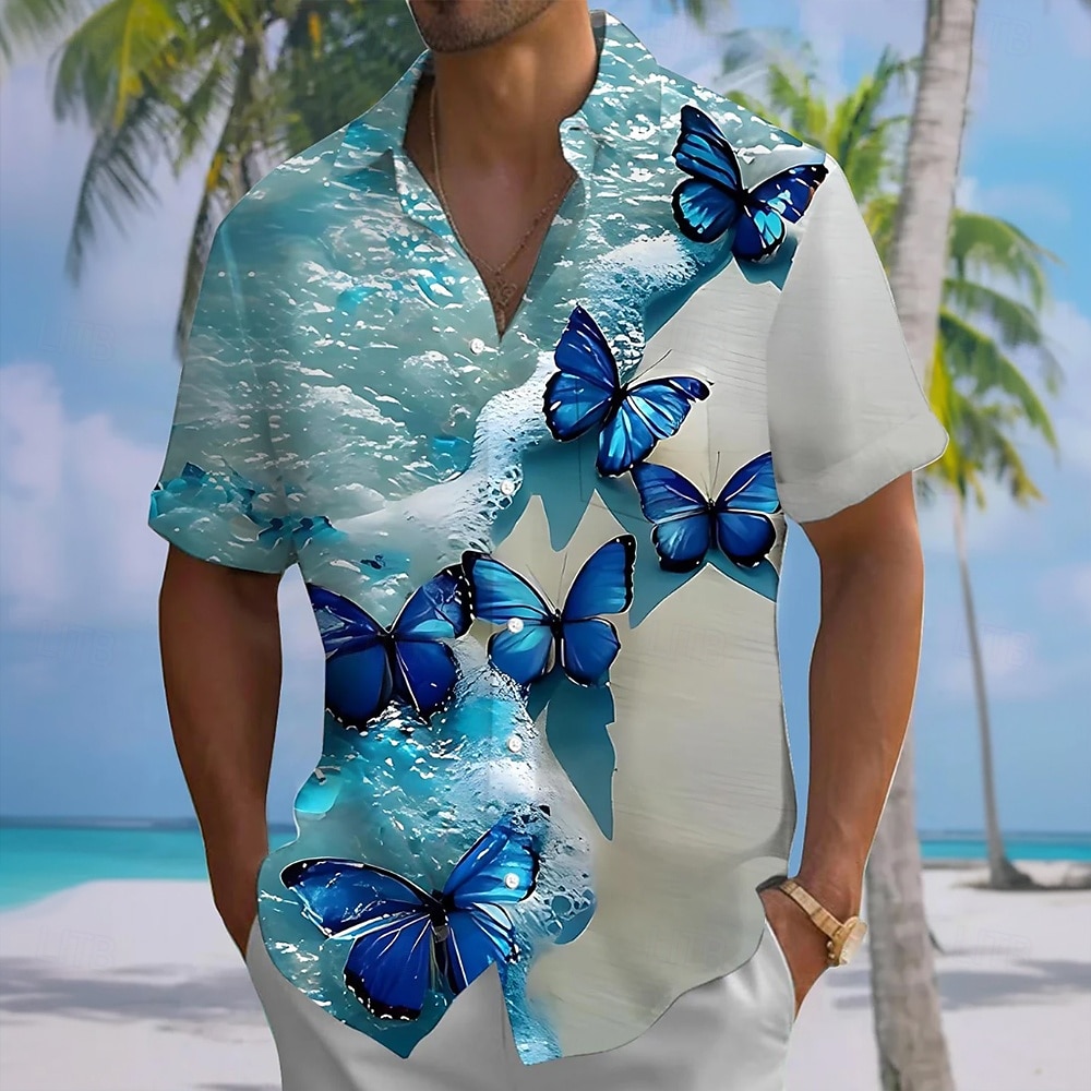 Men's Butterfly Ocean Waves Summer Hawaiian Shirt Button Up Shirt Aloha Shirt Short Sleeve Hawaiian Casual Vacation Summer Spring Turndown 3D Print Collared Shirts Front One Pocket Blue Purple Green 2026 - $25.99 –P1
