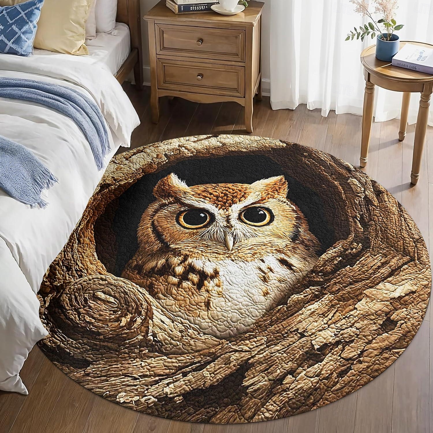 Tappeto rotondo con illusione ottica 3D, gufo nella cavità di un albero, stampa piatta 2D, tappeto decorativo accogliente e stravagante del 2026 a $18.99 –P2