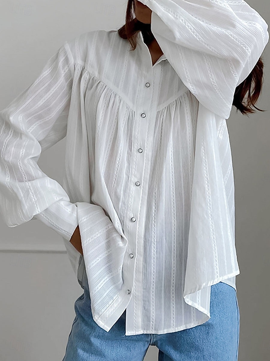Damen Hemd Sommeroberteile Bluse Kunstbaumwollleinen Gerafft Patchwork Knöpfe Einfach Elegant Damen Klassisch Langarm Puffärmel Hoher Ausschnitt Normale Oberteile Täglich Arbeit Ferien Weiß Sommer 2026 - $48.99 –P3