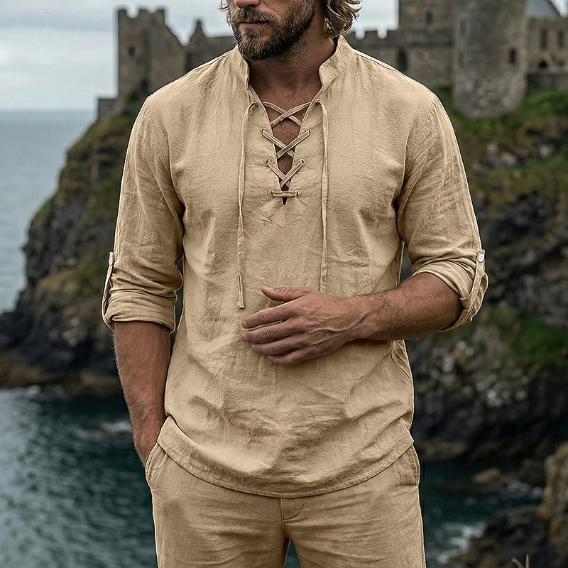 Homme Chemise Chemise en lin Style Viking Chemise popover Chemise d'été Chemise à col officier Uni Occasionnel Vacances Noir Blanche Vert Kaki manche longue Col en V Été Printemps Vêtement Tenue de 2026 ? $25.99 –P11