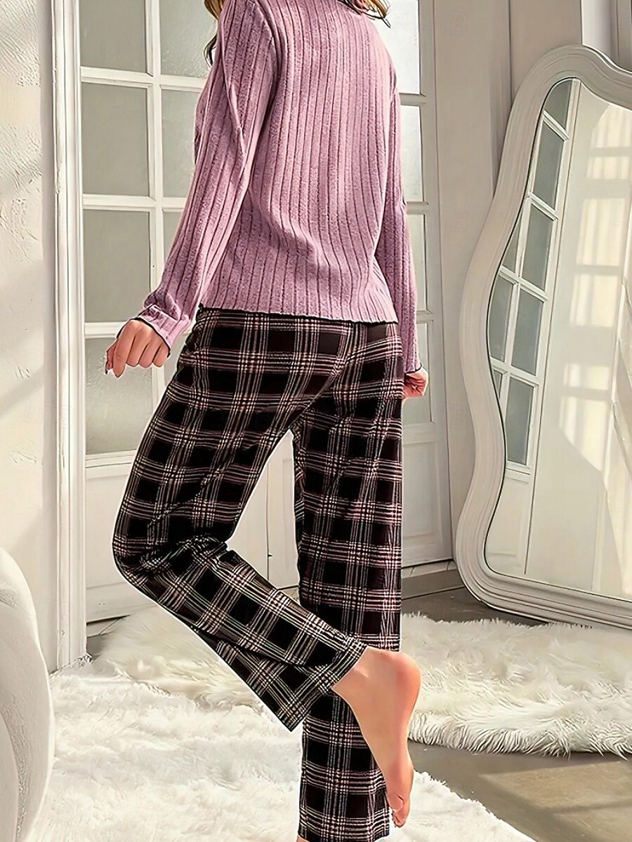 Damen Schlafanzug Set Lässig Komfort Blumen Einfarbig Elastischer Bund Hose Täglich Heim Langarm V Ausschnitt Schwarz Weiß Purpur Grau Sommer Frühling Normale Passform 2026 - $24.99 –P16