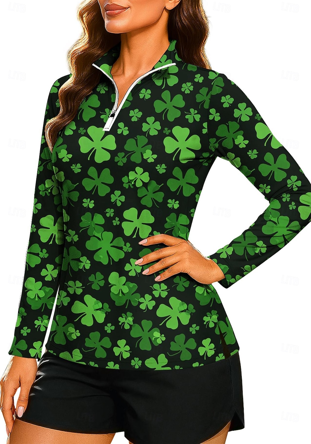 Saint Patrick Femmes Dégradé Trèfle Sweat-shirt Sweat-shirt polo Hauts Chemise manche longue Fermeture éclair Imprimé Quart de zip UPF50+ Résistant aux UV Élastique Respirant Volley-ball Tennis Le de 2026 ? $25.99 –P5
