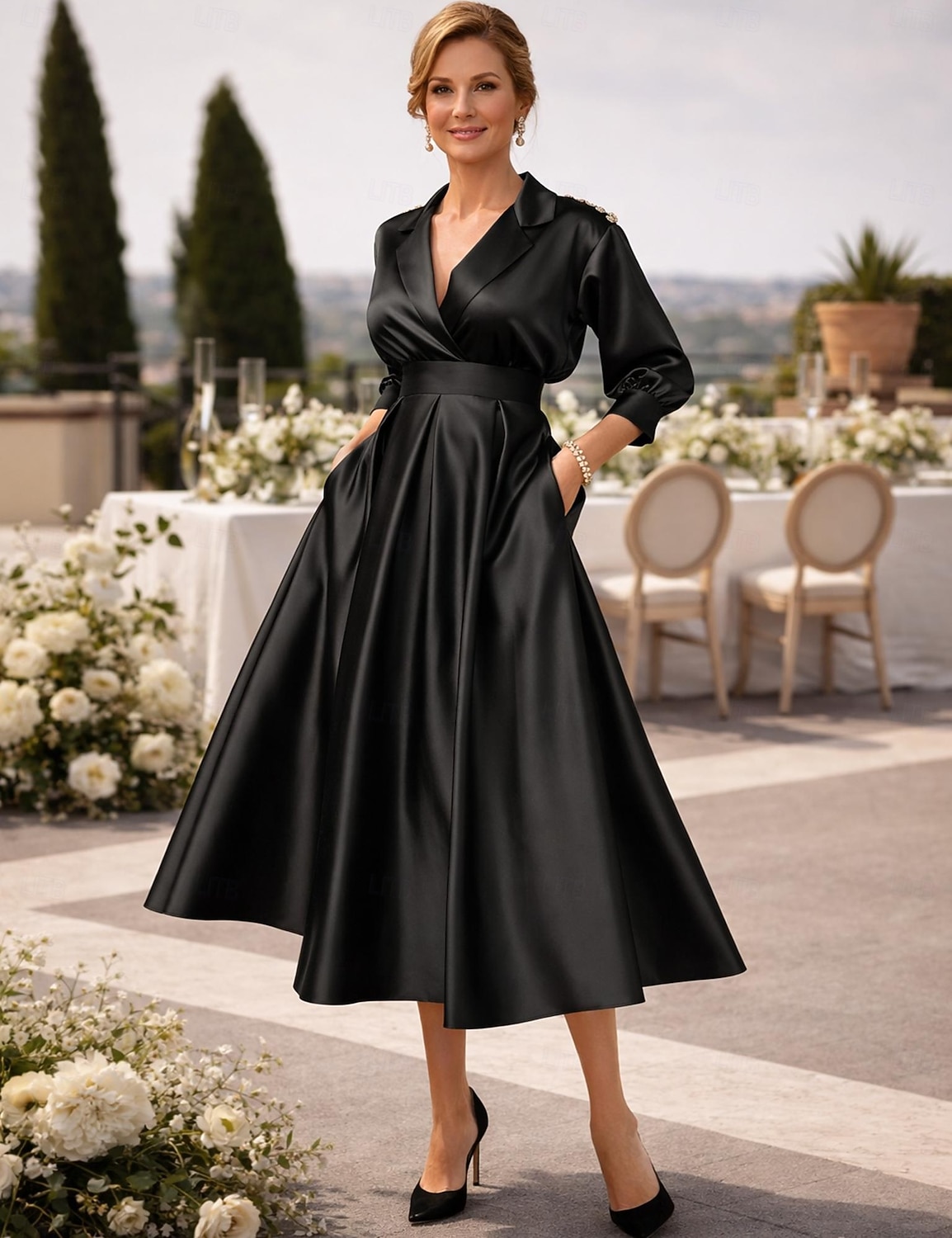 А-силуэт Ниже колена Платье для вечеринки Коктейльные платья Свадебное платье для гостей Платье для матери невесты Рукав 3/4 Рубашечный воротник Элегантный стиль Винтаж 1950-е года 2026 - $142.99 –P3