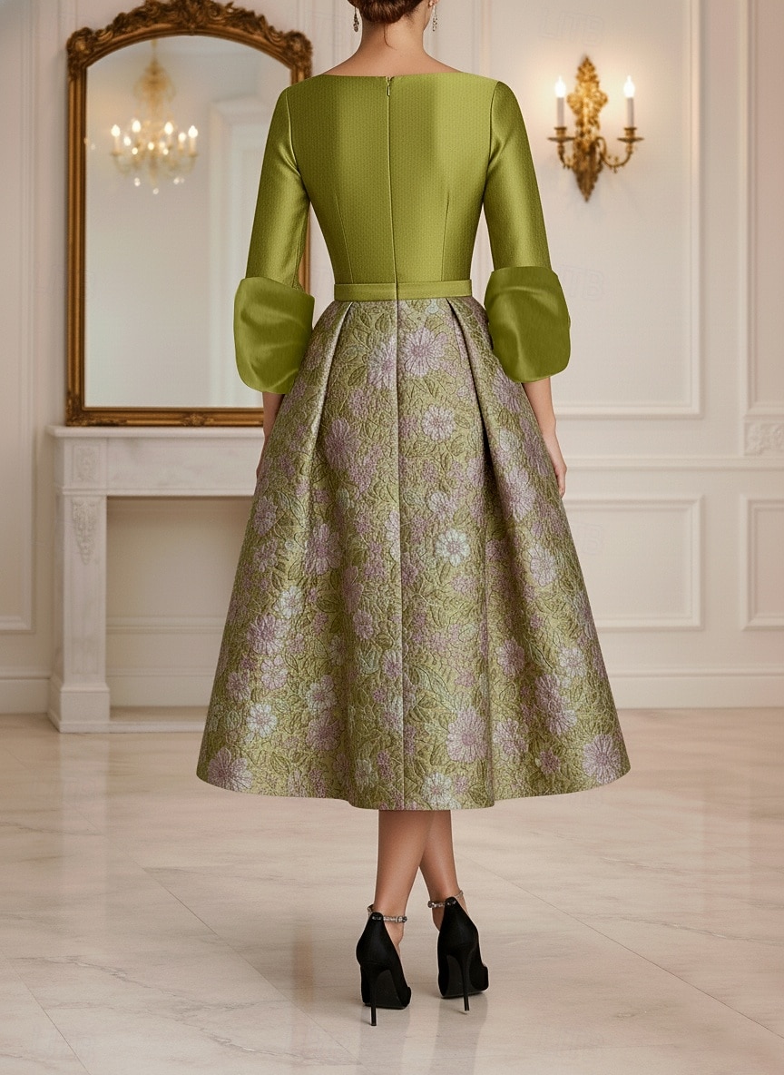 Ligne A Longueur thé Robes de Cocktail Robes de soirée Élégant ancien Manche 3/4 Col en V Mariage Formel Taffetas Jacquard avec Noeud(s) Plis de 2026 ? $165.59 –P4
