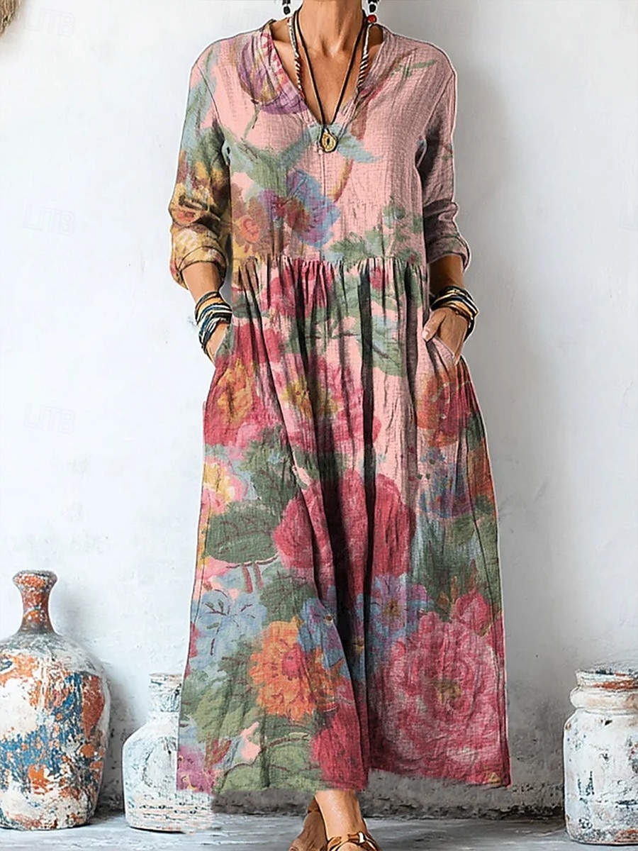Per donna Abito Midi Abito a Tubino Casual Data Vestibilità comoda Floreale Grafico Manica Lunga Scollo a V Giallo Rosa Viola Estate Primavera del 2026 a $35.99 –P1