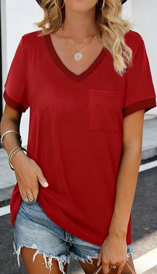 Dames T-shirt Lapwerk Zak Kleurenblok Effen Kleur Stijlvol Casual Korte mouw V-hals Lange tops Dagelijks Uitgaan Zwart Wit Rood Grijs Zomer Lente 2026 - $24.99 –P7