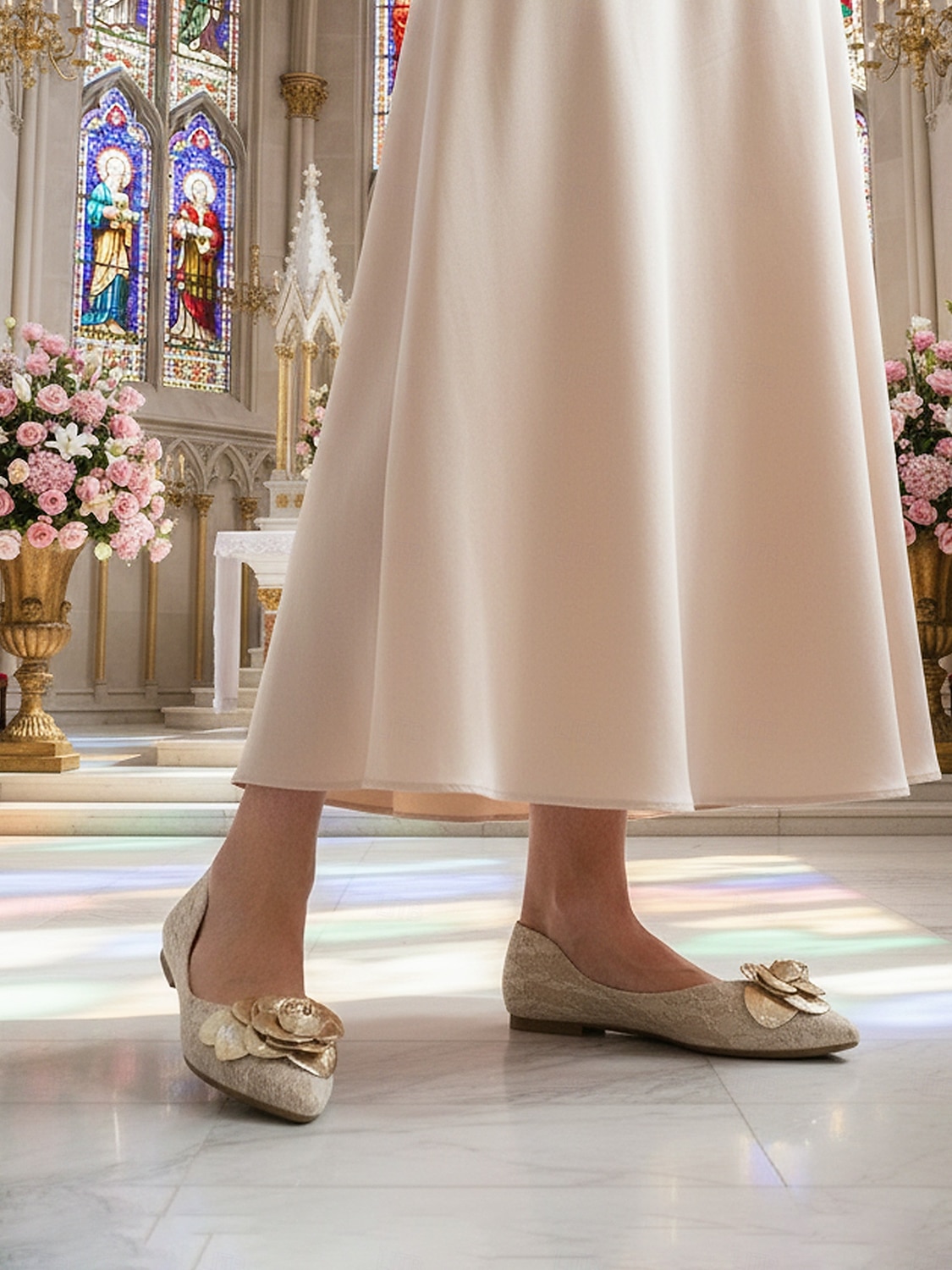 2026年 女性用シャンパンゴールドのエレガントなバレエフラット、花柄のリボンディテールドレスシューズ。花嫁の母親の教会での結婚式に最適です。  コレクション – $42.99 –P2