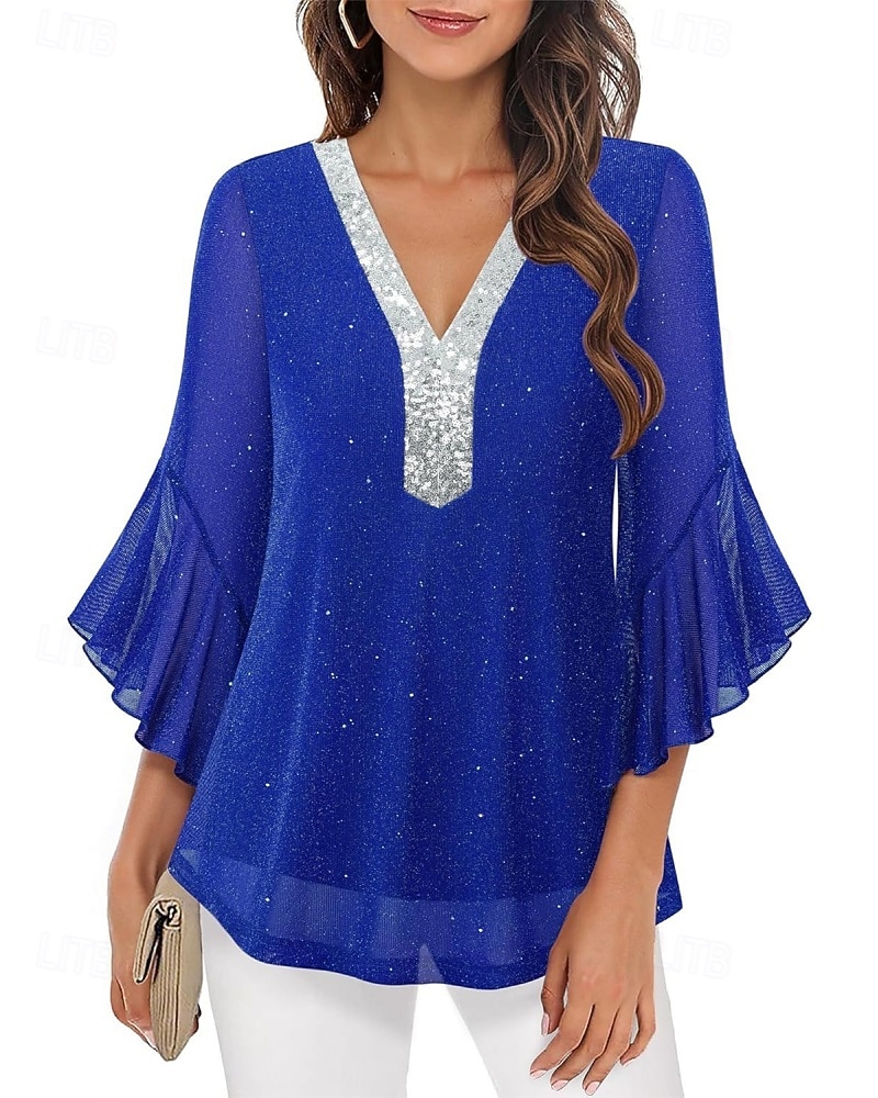 Mulheres Blusa Tops de lantejoulas Patchwork Bloco de cor à moda Moderno Manga 3/4 Sino Decote V Tops regulares Diário Feriado Para Noite Azul Preto Vermelho Verde Verão Primavera de 2026 por $31.99 –P11