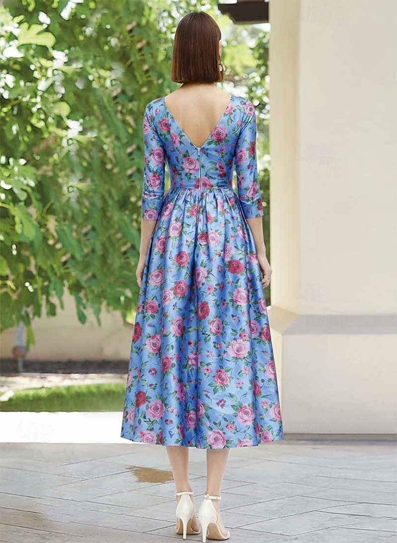 Linha A Longuette Vestido Coquetel Vestido de convidada de casamento Vestido Para Mãe dos Noivos Manga 3/4 Decote V Elegante Simples Casual Formal Cetim Elástico com Pregas Estampado de 2026 por $194.99 –P4
