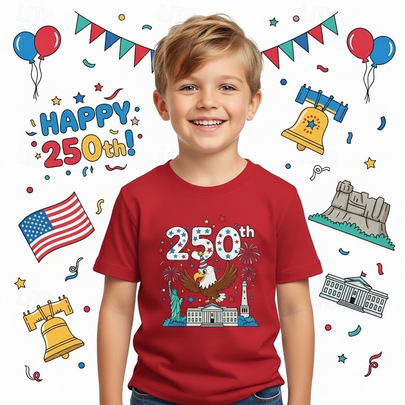 100% Cotone Bambini Ragazzi Blu Nero Bianco Grafico Aquila 250° anniversario Maglietta Blusa Girocollo Manica Corta All'aperto Abbigliamento Quotidiano Moda Streetwear Designer Stampa Estate del 2026 a $19.99 –P2