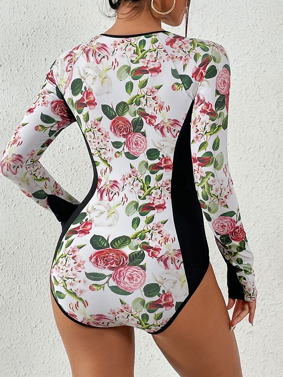 Dámské Plavky Jeden kus Monokini Plavky Zaštíhlující Vysoký pas Štíhlý prázdniny Oblečení na pláž Květinový Kulatý Dlouhý rukáv Plavky 2026 - $32.99 –P7