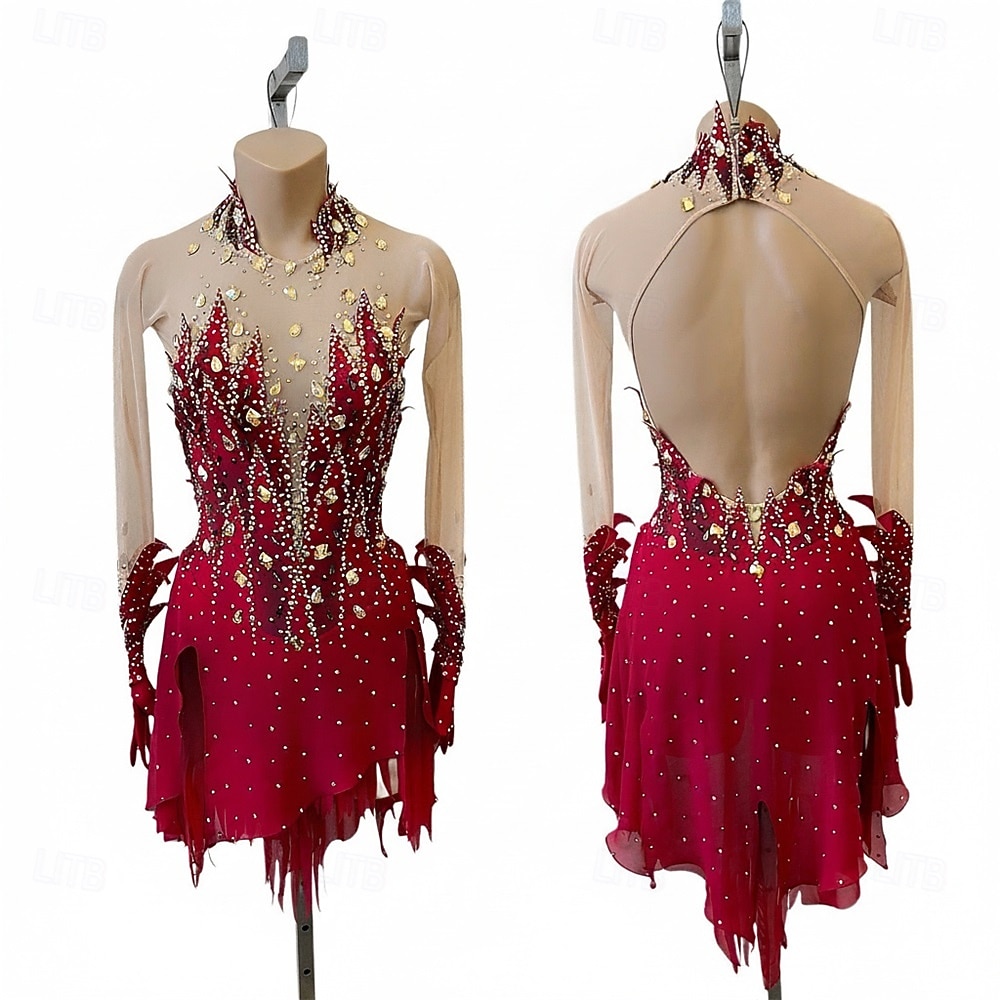 burgundy figure skating dress Figure Skating Dress Women's Ice Skating Dress Burgundy Patchwork Open Back  Stretchy Training Competition Skating Wear Classic Crystal / Rhinestone  Long Sleeve Ice Skating Figure Skating 2026