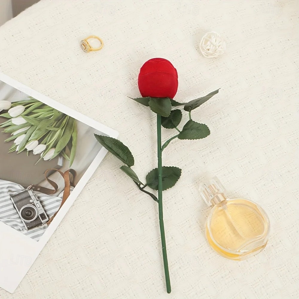 1PC Flocked Rose Ring Box Long Root Rose Creative Red Rose Flower Ring Display Box Proposal Engagement Anniversary Romantic Gift Box Wedding Jewelry Display Storage 2026 - $9.99 –P9