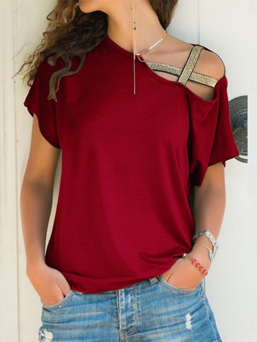 Mujer Camiseta Camiseta superior Retazos Color sólido Elegante Clásico Casual Manga Corta Cuello Barco Tops regulares Diario Noche Fin de semana Azul Piscina Negro Blanco Vino Naranja Verano Primavera 2026 - $19.99 –P2