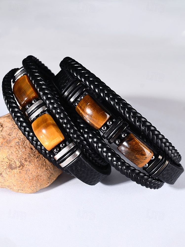 Bracciale da uomo in pietra naturale e finta pelle, cinturino da polso casual intrecciato in vari colori, gioielli alla moda da uomo per l'abbigliamento casual quotidiano e lo street style del 2026 a $11.99 –P5