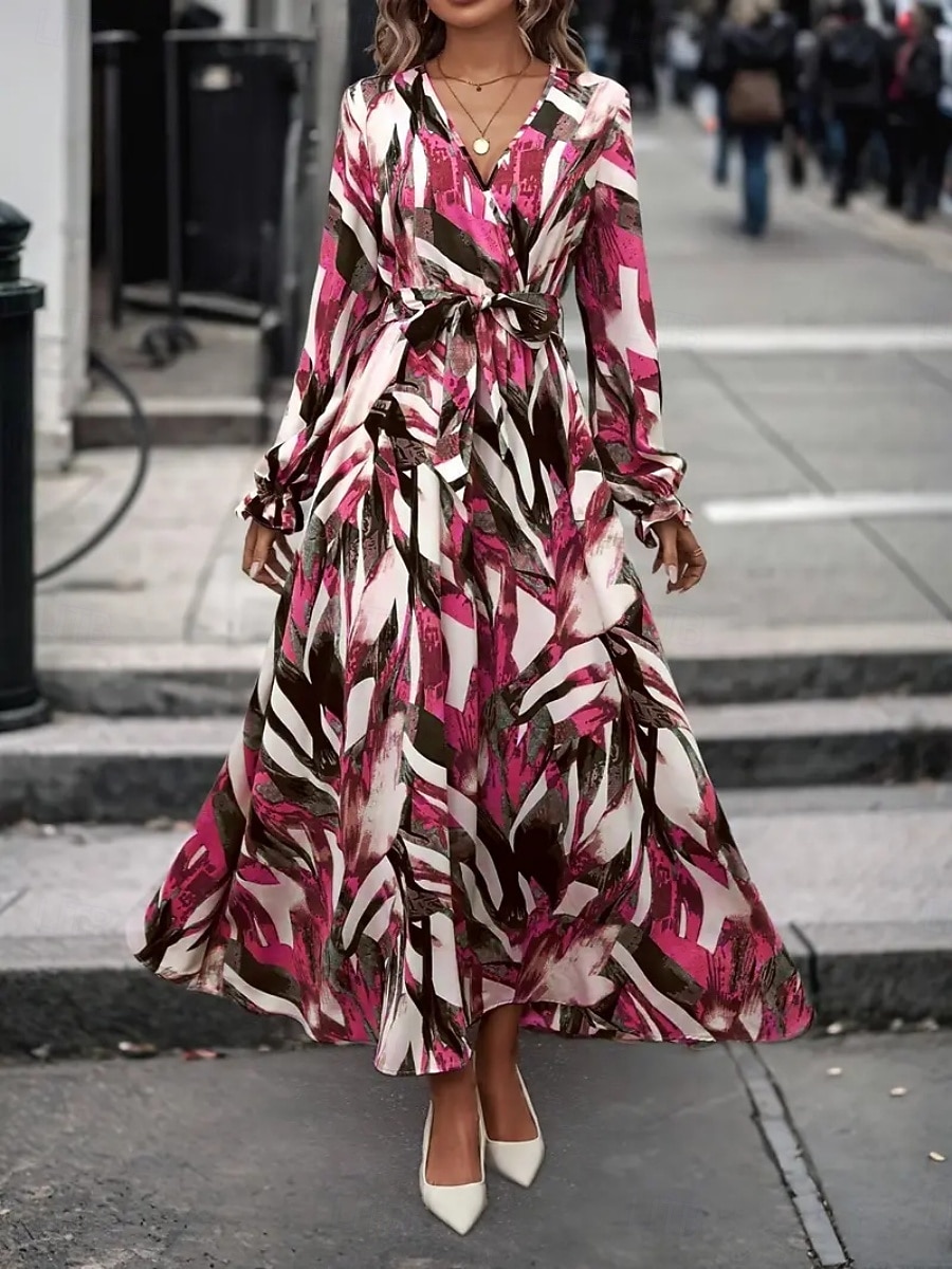 Women's Long Dress Maxi Dress A Line Dress Floral Dress Elegant Fashion Modern Daily Outdoor Vacation Regular Fit Floral Long Sleeve V Neck Red Brown Spring Fall 2026 - $25.99 –P3