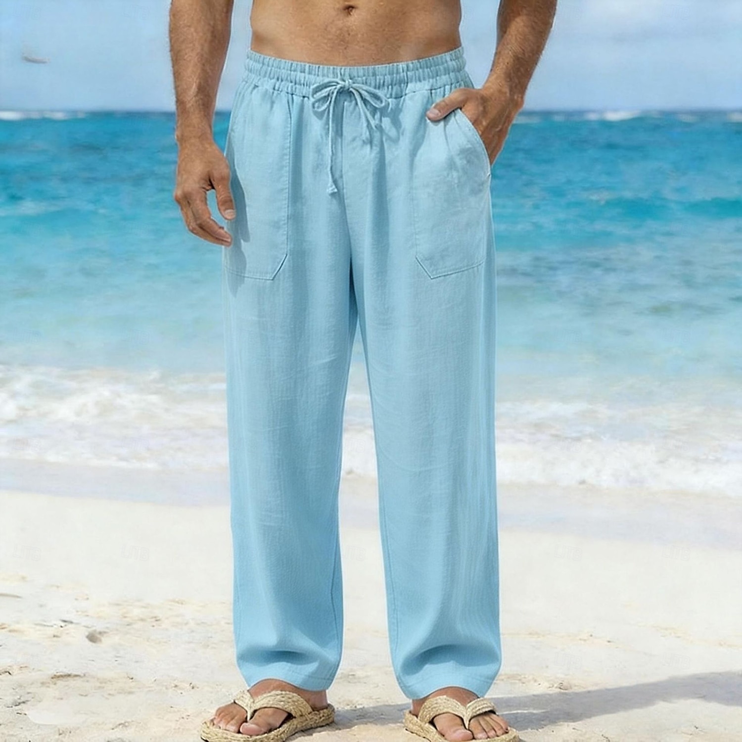 Homme Pantalons en Lin Pantalons Pantalon d'été Pantalons Amples Cordon de serrage Taille Élastique Jambe Droite Uni Confort Respirant Longueur complète Quotidien Plage Fête Vacances Mode Bleu Blanche de 2026 ? $11.49 –P1