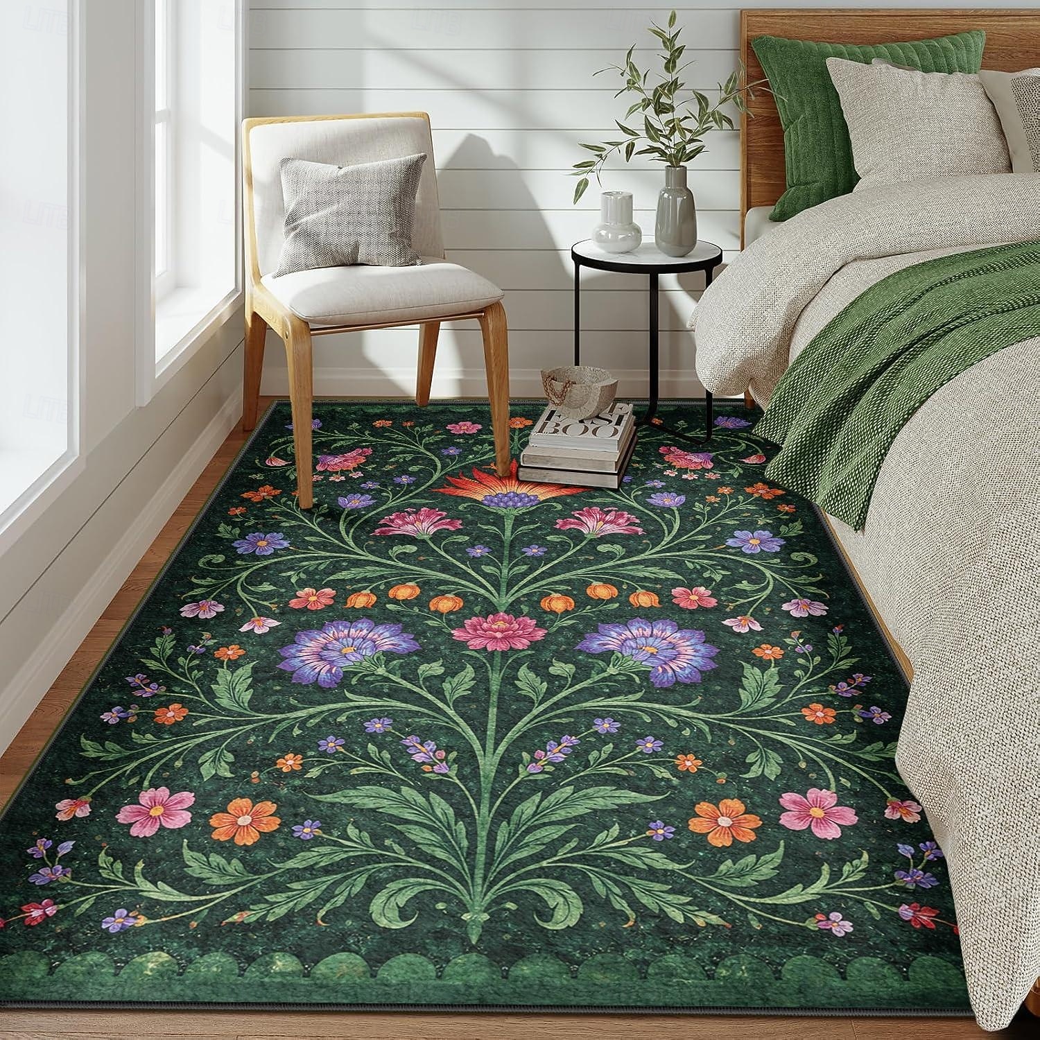 Area Rug Intricate Vine and Blossom Pattern on Deep Green Elegant Decorative Carpet for Living Room or Foyer 2026 - $37.99 –P2