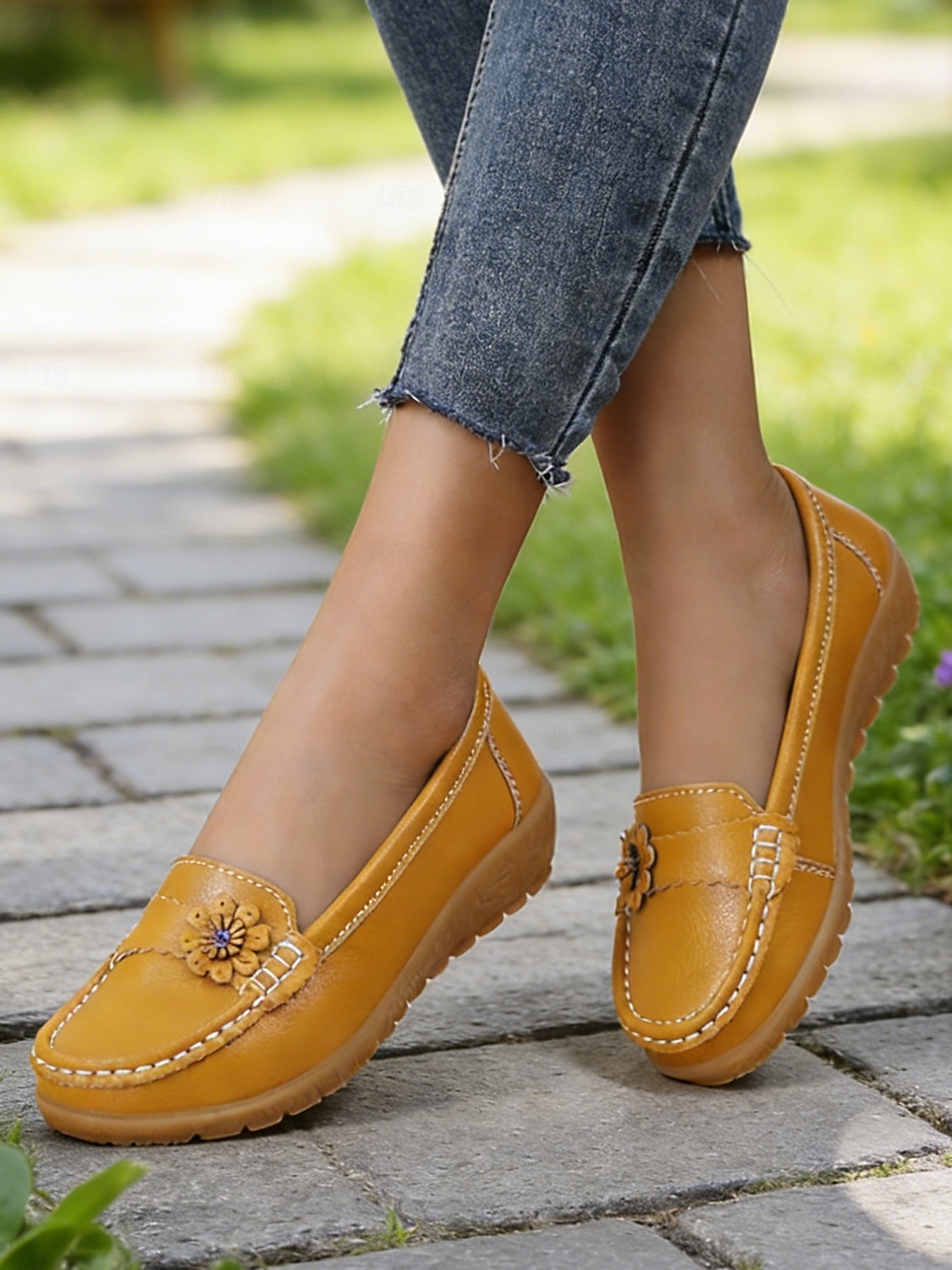 Kvinnors gula komfortmockasiner – låtsasläder med blommor avslappnad stil för promenader arbete shopping resor och vardagligt bruk 2026 - $24.99 –P4