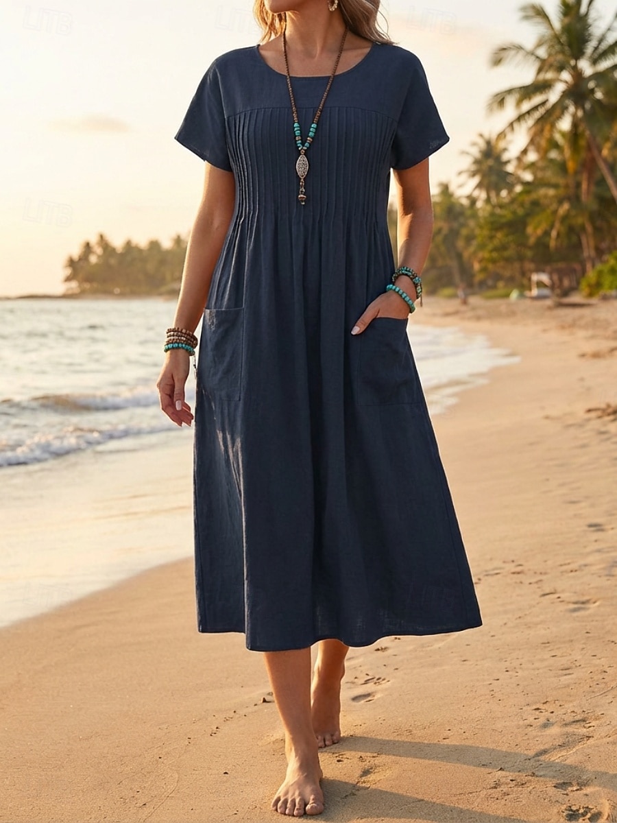 Damen-Midikleid aus 100 % Baumwolle, Etuikleid, T-Shirt-Kleid, modisch, modern, alltagstauglich, für Outdoor-Aktivitäten und Urlaub, lockere Passform, schlicht, kurze Ärmel, Rundhalsausschnitt, olivgrün, rot, marineblau, Sommer, Frühling 2026 - $33.99 –P4