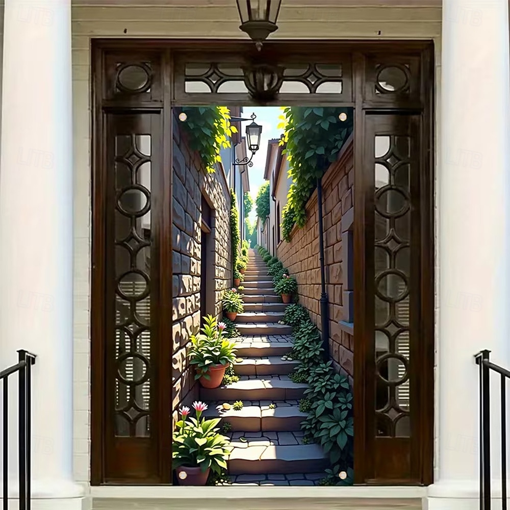 Bannière 3D représentant une vieille ruelle, des escaliers en pierre, une vue de rue méditerranéenne, un rideau de porte réaliste et pittoresque, idéal pour la décoration de votre porte d'entrée. de 2026 ? $17.99 –P3
