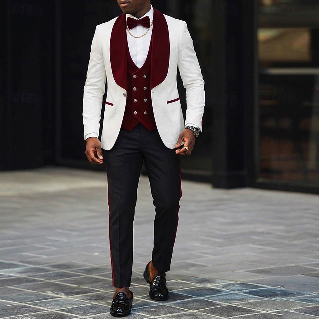 ملك الرجال توكسيدو بدلات الحفلات زفاف الشاطئ حفل زفاف ربيعي وردي بلاشيهغ عنابي للربيع والصيف بدلة فتحت الصدر عريضة موضة كاجوال بقع قياس نحيل 3 قطعة مجموعة زر واحد صدر واحد 2026 - GBP £96 –P16