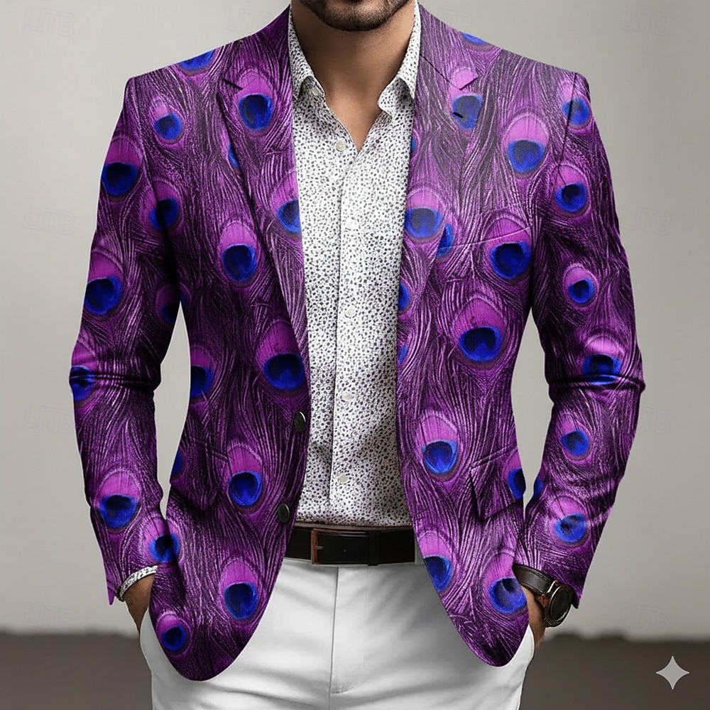 Homens Penas Jaqueta Blazer Casaco Confortável Respirável Artistíco Casual Diário Traje de festa para noite Impressão 3D Botões Bolso multi Outono & inverno Primavera Entalhe Manga Longa Roxo Verde de 2026 por $85.99 –P2