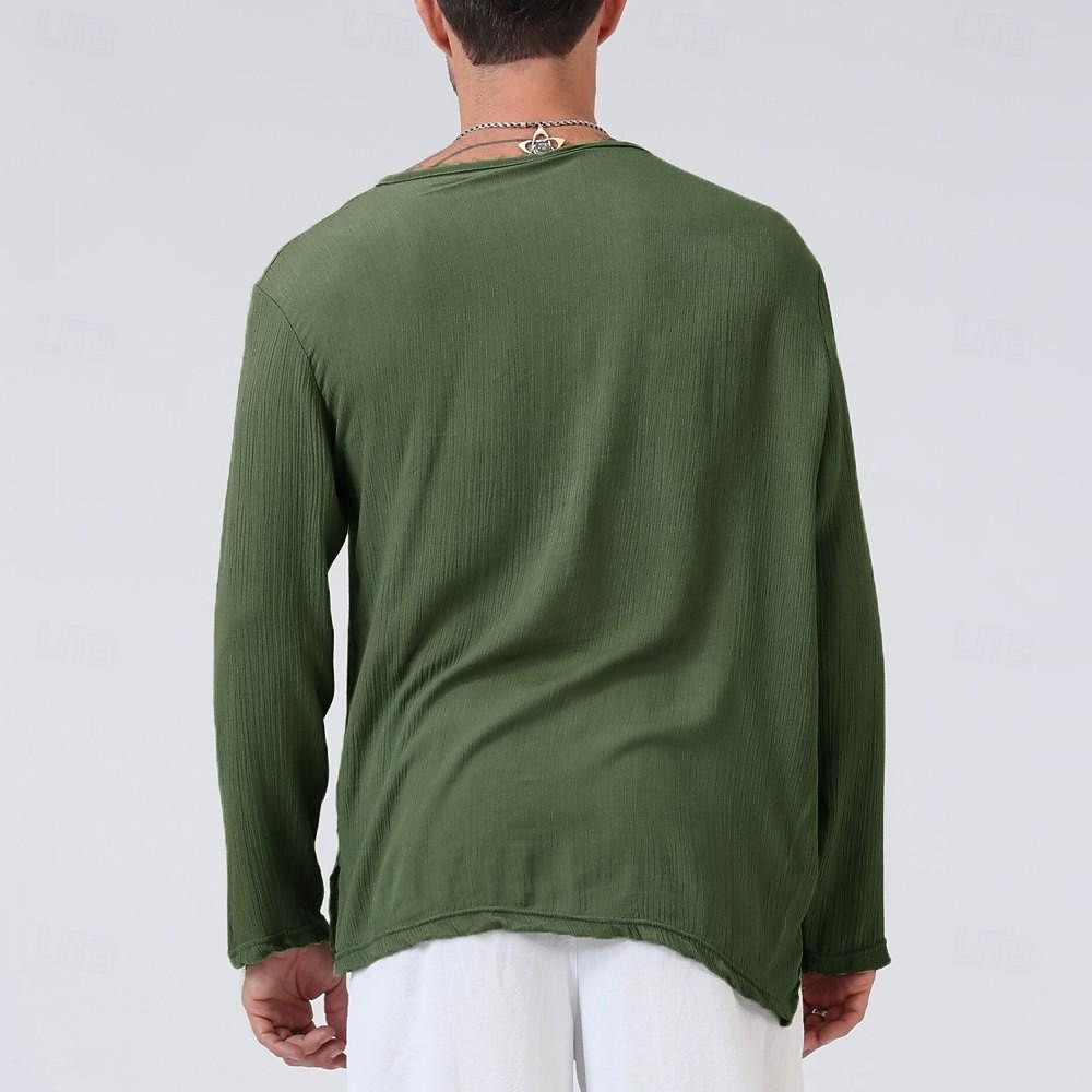 Men's Linen Shirt T Shirt Tee Long Sleeve Shirt Long Sleeve V Neck Summer Spring &  Fall Solid Color Vintage Fashion Casual V Neck Plain Casual Daily Work Black White Navy Blue Top Tee for Men 2026 - $18.99 –P2