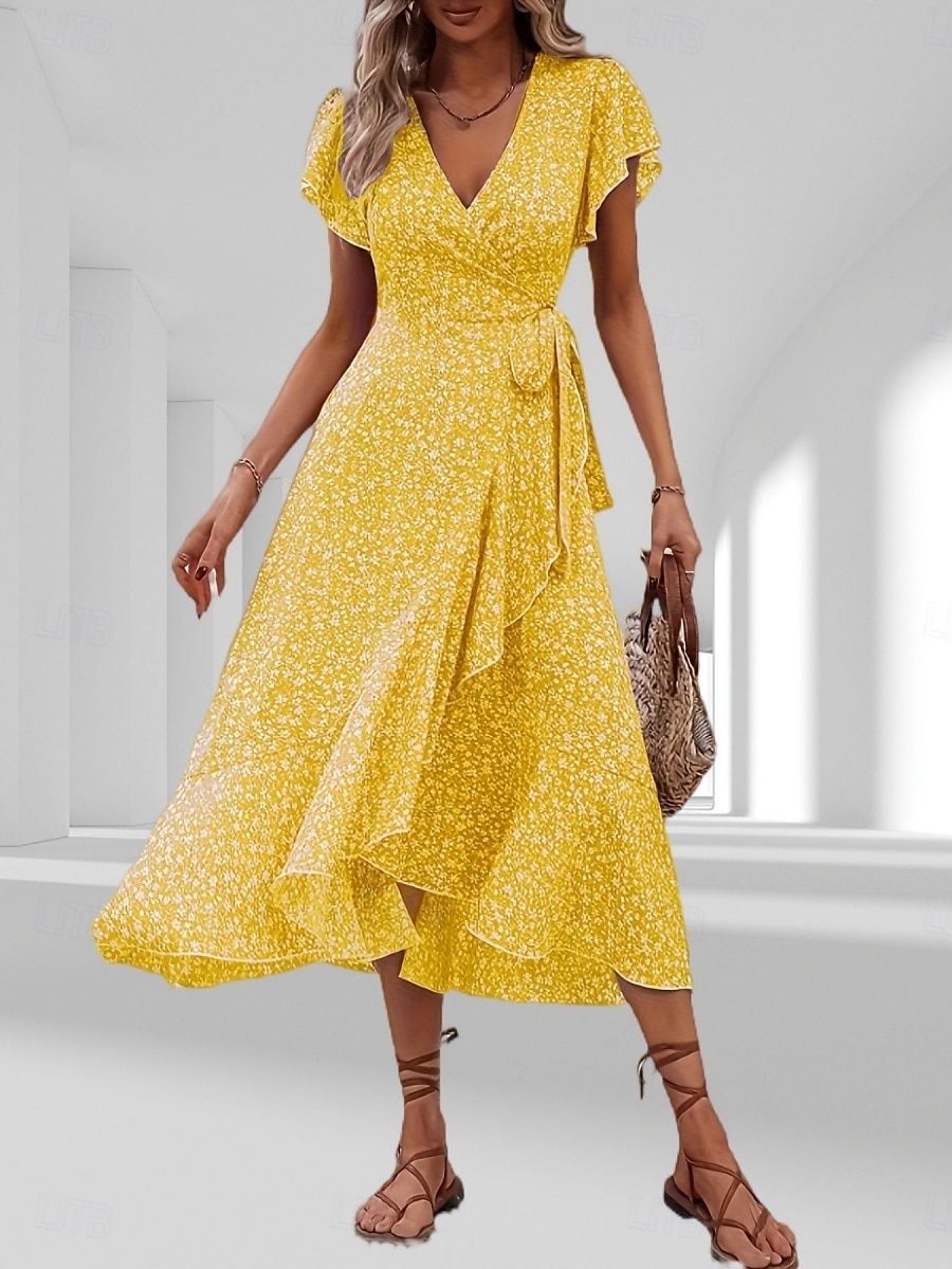 בגדי ריקוד נשים שמלת מידי שמלת קז'ואל שמלת מעטפת שמלה פרחונית אלגנטית אופנתי מודרני בָּחוּץ חופשה ליציאה רגיל פרחוני שרוולים קצרים צווארון V שחור צהוב ורוד מסמיק אודם קיץ אביב 2026 - $12.49 –P1