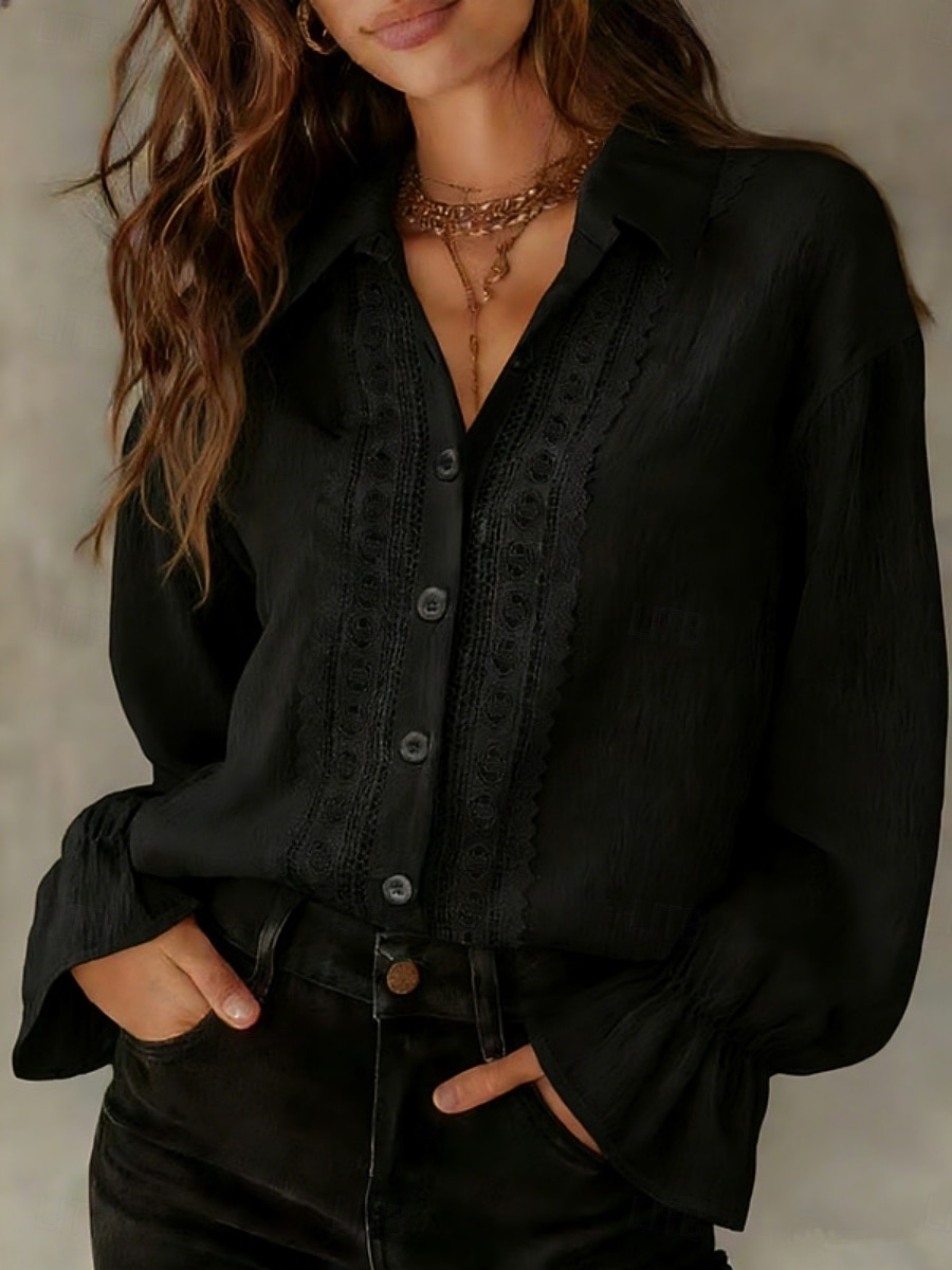 Dames 100% Katoenen Blouse Faux Linnen Geplooide Knoppen Effen Kleur Stijlvol Basis Casual Lange Mouwen Kraag Reguliere Tops Dagelijks Blauw Zwart Wit Roze Beige Lente Fall Winter 2026 - $33.99 –P6
