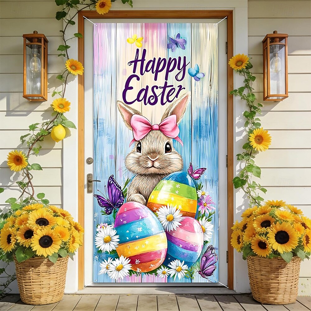 Пасхальный дверной баннер, счастливый пасхальный кролик, разноцветное яйцо, бабочка, подсолнух, весенняя вывеска для крыльца, настенный гобелен, декор для дома. 2026 - $17.99 –P7