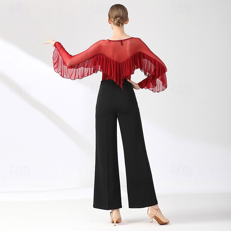 Top da ballo da sala da donna, maglia trasparente con volant e maniche a pipistrello, camicetta rossa per prove di valzer latino, performance moderna del 2026 a $70.99 –P2