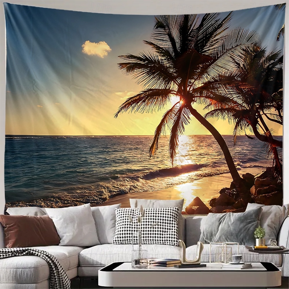 solnedgang strand billedteppe veggteppe hav sjøbølger solstråler natur landskap veggkunst til stue yogarom meditasjonsrom dekor 2026 - $16.99 –P6